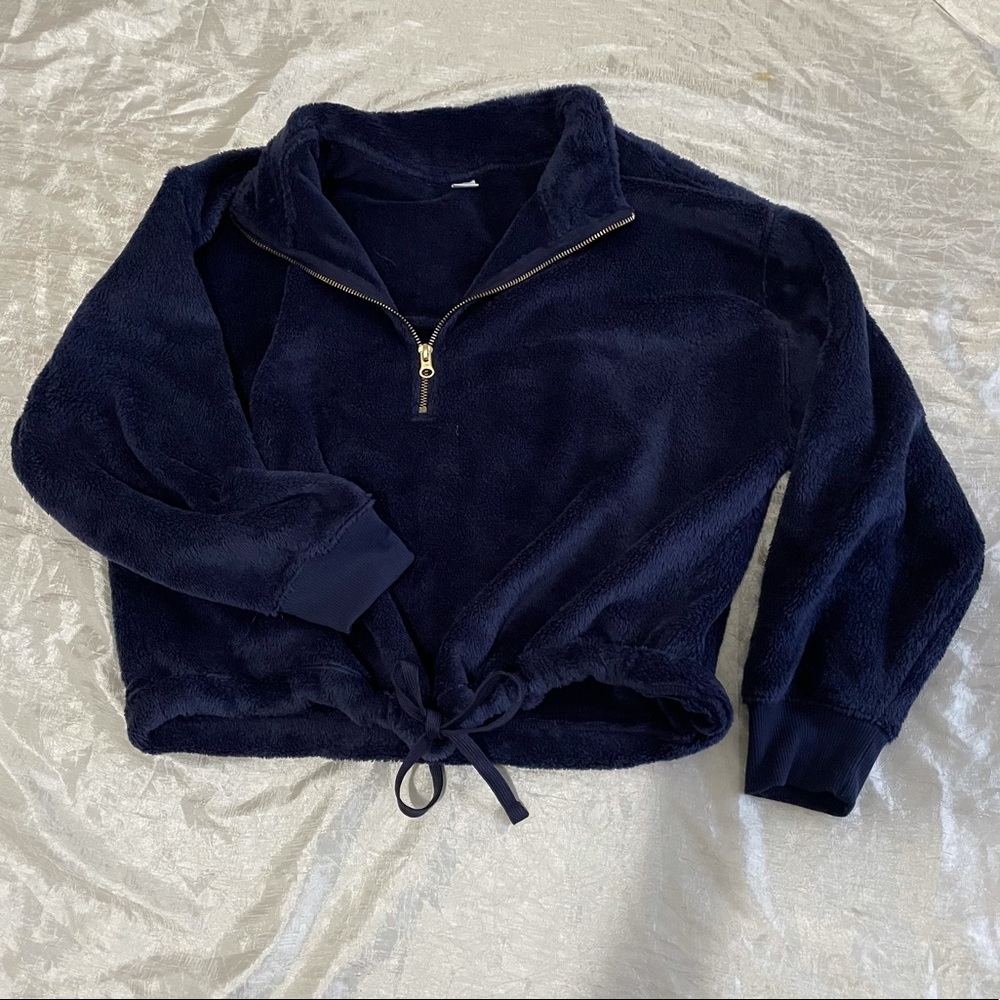 Fuzzy navy blue quarter-zip sweatshirt from Old Navy